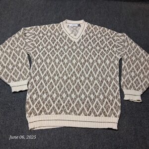 Bill Blass Cotton Knit Sweater Men Size 2XLT Beige Diamond Argyle Print